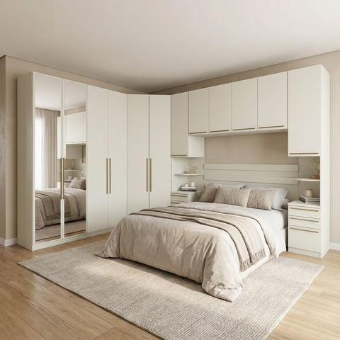 Quarto Modulado Casal 6 Peças 12 Portas 12 Gavetas com Espelho Seletto Areia