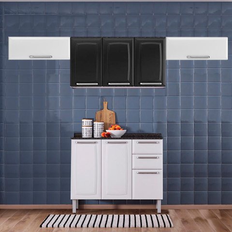 Cozinha Itatiaia Luce com Armários Aéreos e Balcão 2 Gavetas 8 Portas Branco / Preto