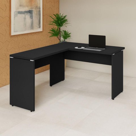 Mesa Escrivaninha 135cm em L Tampo 30mm Pés Painel F5 Office Cor:Preto