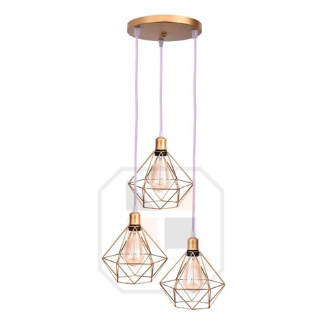 Lustre Pendente Aramado Base Tripla C/ Lâmpada Fio Cristal Dourado