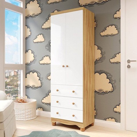Guarda-Roupa Infantil 2 Portas e 3 Gavetas 100% MDF Mimo Espresso Móveis Branco Brilho/Amêndoa