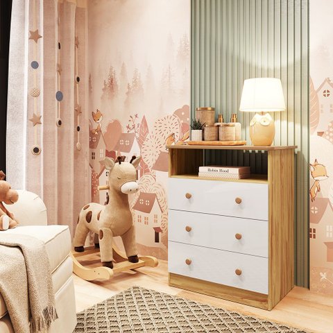 Cômoda Infantil 3 Gavetas 100% MDF Smim New Branco/Brilho/Amêndoa