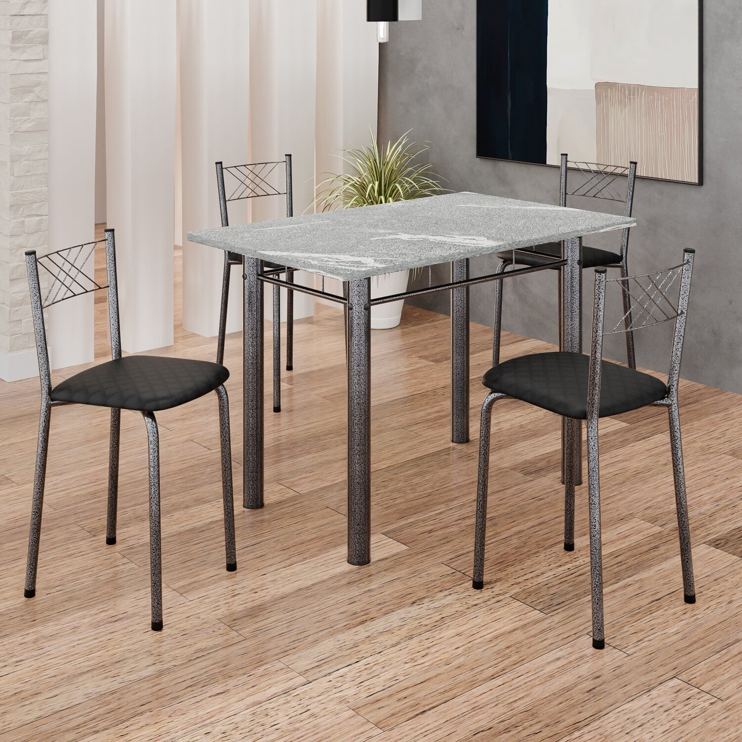 Conjunto Sala de Jantar Mesa Retangular 100x60cm Tampo Granito Topázio 4 Banquetas Maragogi Yescasa