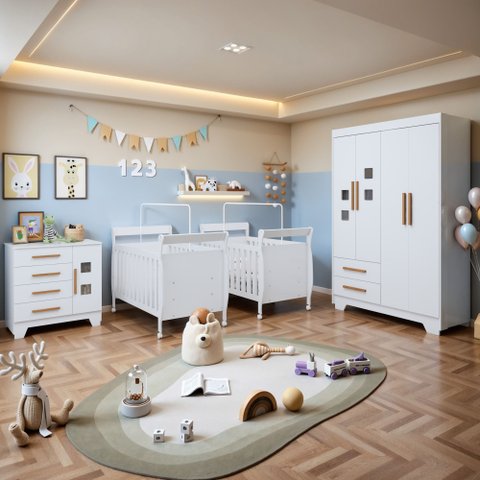 Quarto de Bebê Completo Gêmeos com Guarda-Roupa, 2 Berços e Cômoda Gael Branco