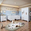 Ver imagem 1 de Quarto de Bebê Completo Gêmeos com Guarda-Roupa, 2 Berços e Cômoda Gael Branco
