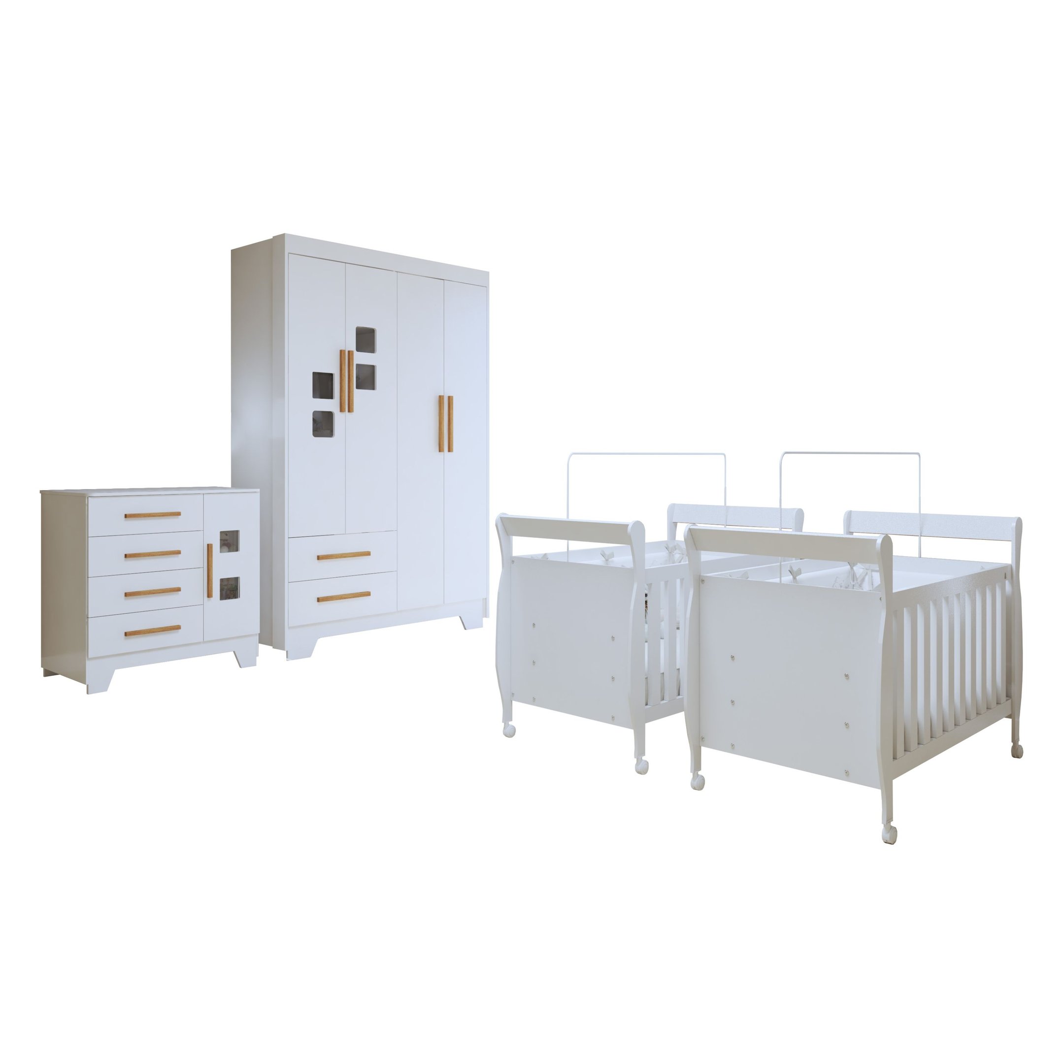 Quarto de Bebê Completo Gêmeos com Guarda-roupa, 2 Berços e Cômoda Gael - 2