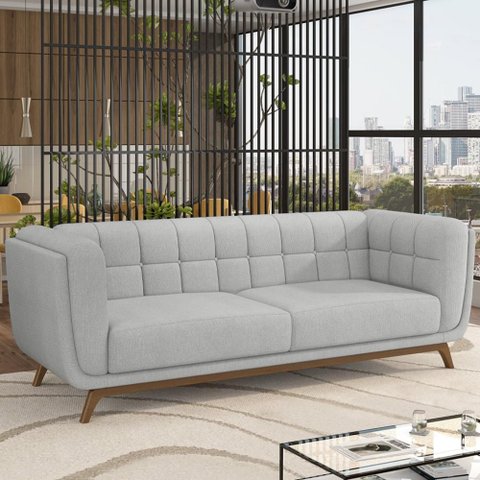 Sofá 03 Lugares para Sala de Estar Pés em Madeira 240cm Florian M03 Linho Cinza - Lyam Decor