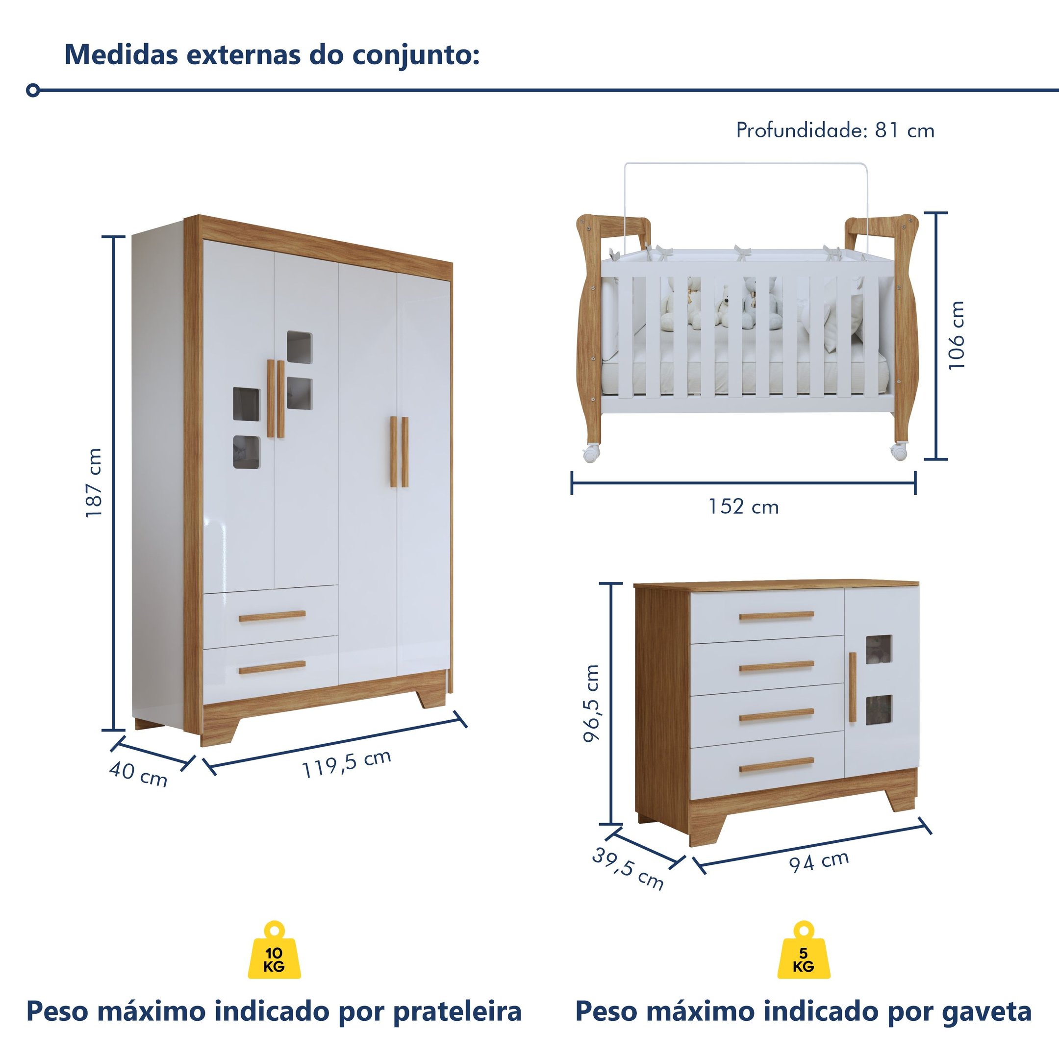 Quarto de Bebê Completo Gêmeos com Guarda-roupa, 2 Berços e Cômoda Gael - 3
