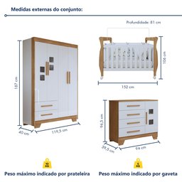 Quarto de Bebê Completo Gêmeos com Guarda-roupa, 2 Berços e Cômoda Gael - 3