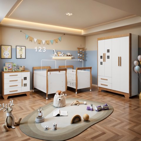 Quarto de Bebê Completo Gêmeos com Guarda-Roupa, 2 Berços e Cômoda Gael Branco/Amadeirado