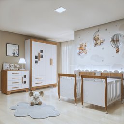 Quarto de Bebê Completo Gêmeos com Guarda-roupa, 2 Berços e Cômoda Gael - 1