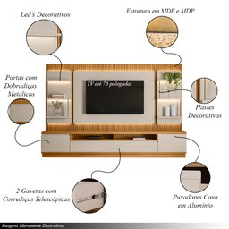 Painel e Bancada Rack Sala de Estar 297cm Madalena Modulado Led Ripado Tv até 70 Tauari/off White G7 - 3