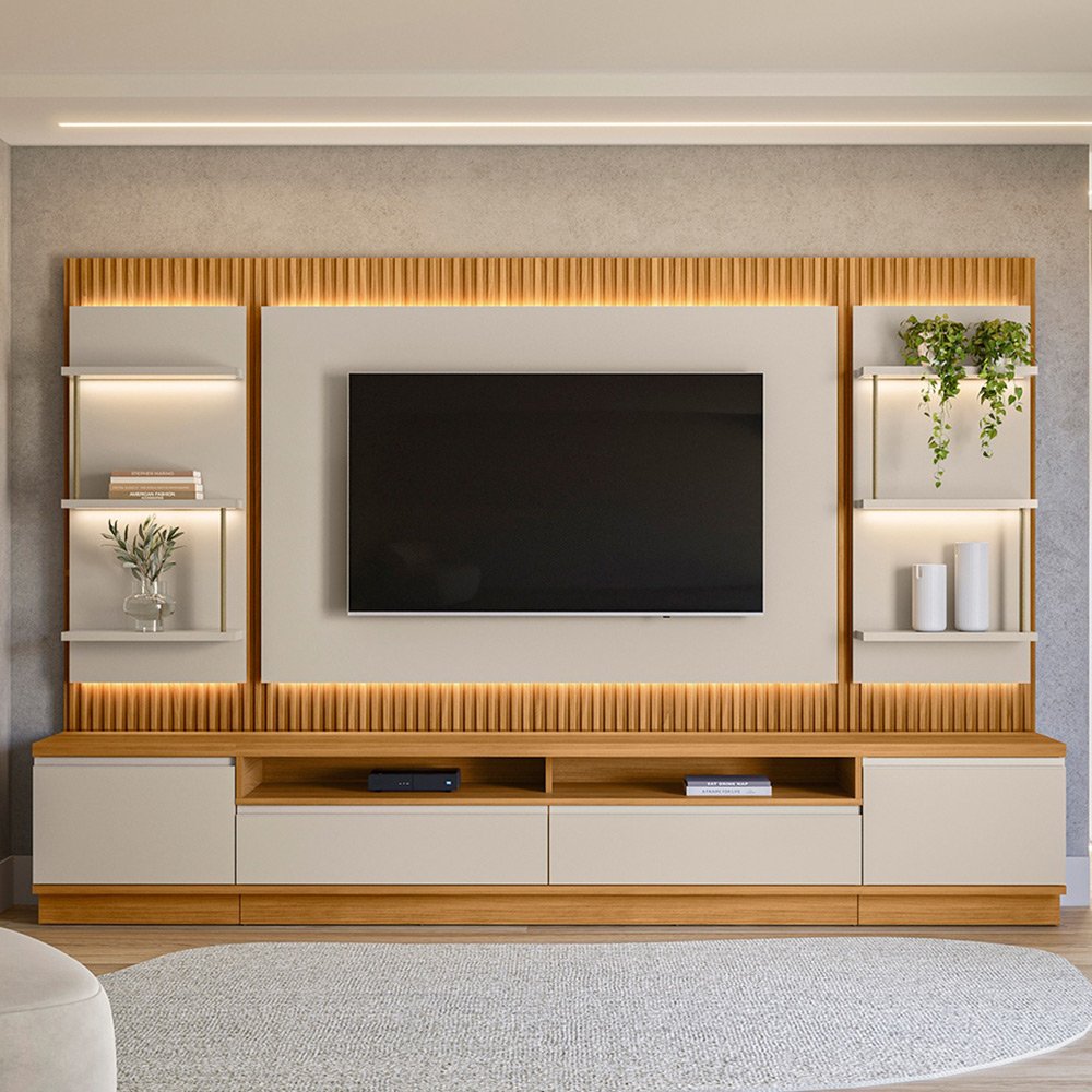 Painel e Bancada Rack Sala de Estar 297cm Madalena Modulado Led Ripado Tv até 70 Tauari/off White G7