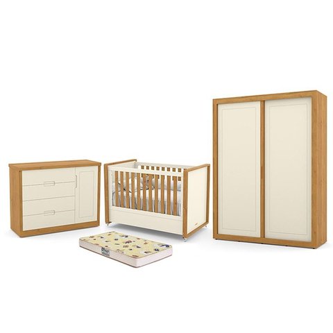 Dormitório Tutto New 2 Portas, Cômoda 1 Porta, Berço Off White/Freijó com Colchão D18 - Matic Móveis