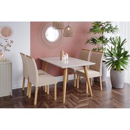 Conjunto: Mesa Sala Jantar Adele c/ Tampo Madeirado 130cm + 4 Cadeiras Juliana Madeira/Suede Nude - - 7