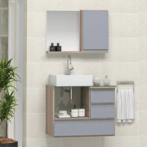 Conjunto Gabinete Banheiro POLO 60cm Madeirado/Cinza - Gabinete + Cuba + Espelheira + Tampo Vidro