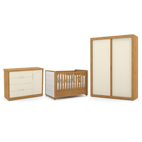 Dormitório Tutto New 2 Portas, Cômoda 1 Porta e Berço Freijó/off White com Capitonê - Matic Mó