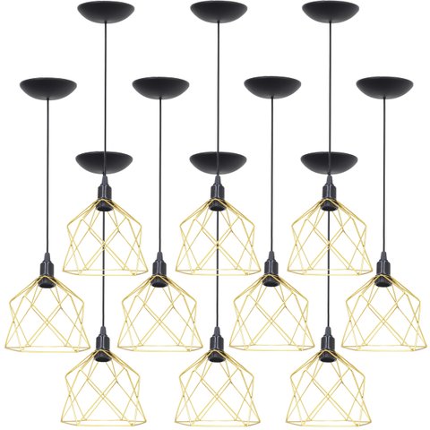 10 Pendentes Aramado Cálice Luminária Lustre Teto Retrô Vintage Industrial Balcão Dourado