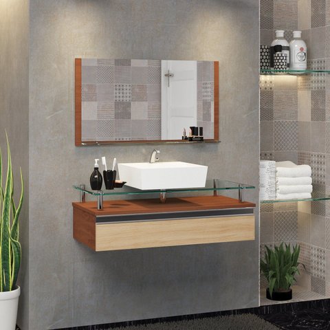 Conjunto Gabinete Banheiro 60cm Ametista Bege/Natura Freijo