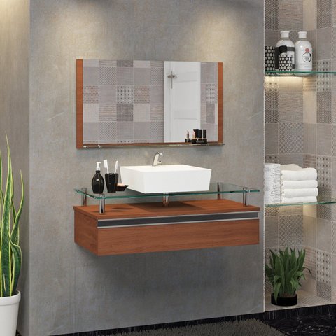 Conjunto Gabinete Banheiro 60cm Ametista Marrom/Natura