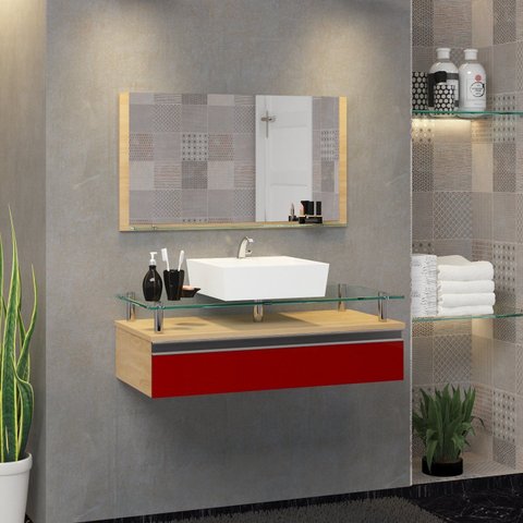 Conjunto Gabinete Banheiro 80cm Ametista Vermelho/Freijo/Vinho