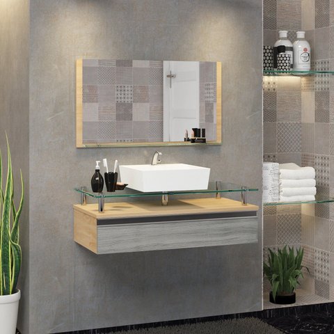 Conjunto Gabinete Banheiro 80cm Ametista Cinza/Freijo/Rovere