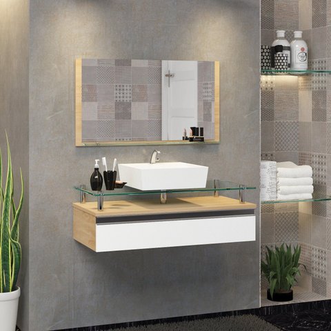 Conjunto Gabinete Banheiro 80cm Ametista Branco/Freijó