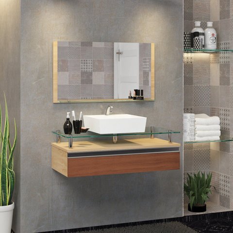 Conjunto Gabinete Banheiro 80cm Ametista Marrom/Freijo/Natura