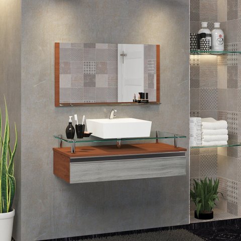 Conjunto Gabinete Banheiro 60cm Ametista Cinza/Natura/Rovere