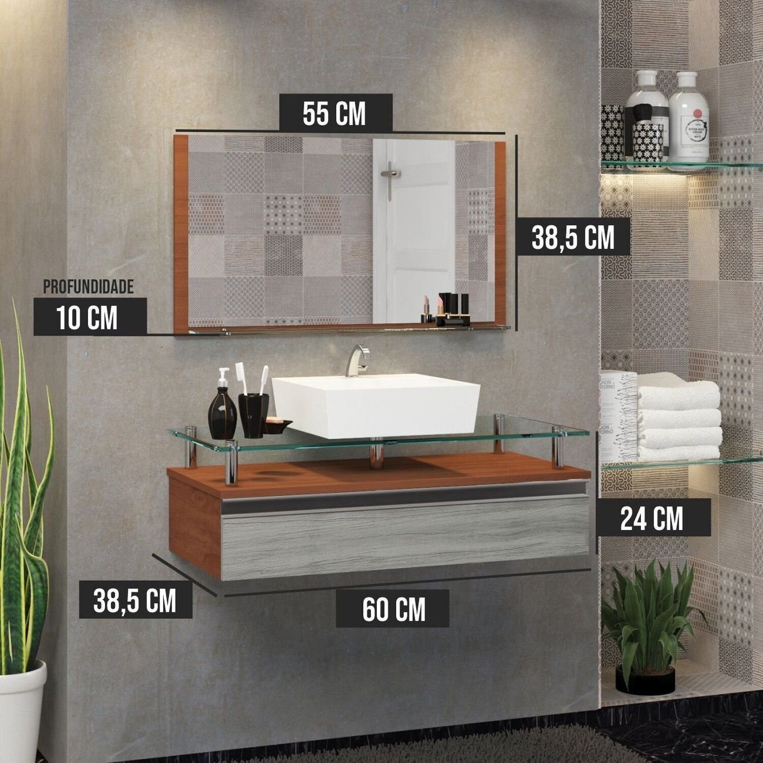 Conjunto Gabinete Banheiro 60cm Ametista Cinza/Natura/Rovere