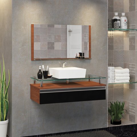 Conjunto Gabinete Banheiro 60cm Ametista Preto/Natura