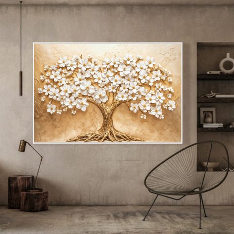 Quadro Decorativo Árvore com Flores Brancas Sala Quarto Casa Escritório