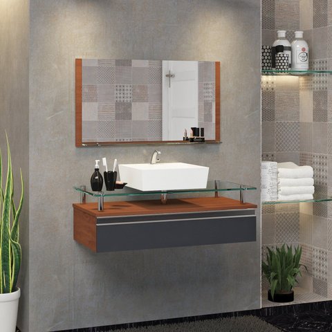 Conjunto Gabinete Banheiro 80cm Ametista Cinza/Natura/Titanium