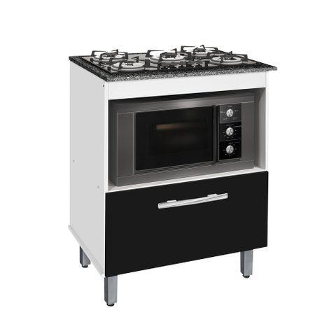 Balcão Gabinete para Cooktop de 5 Bocas e para Forno Elét. Bur 01 Porta Cor Branco Preto com Tampo M