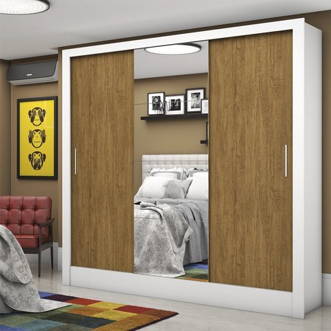 Guarda-Roupa Casal 3 Portas com Espelho Santiago Plus Espresso Móveis Branco/Cinamomo