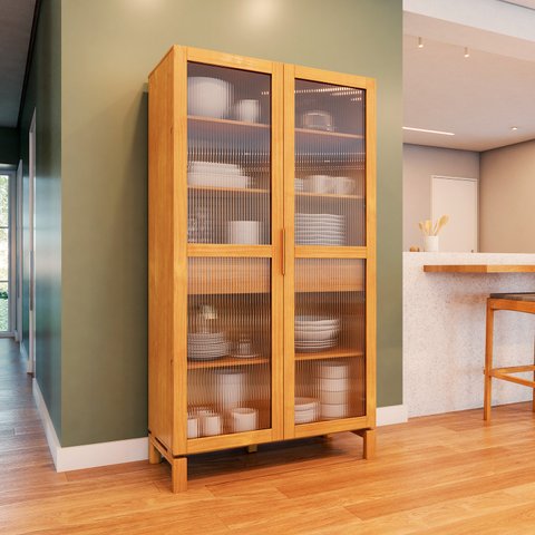 Cristaleira 2 Portas de Vidro Canelado Madeira Maciça Amêndoa Piazza