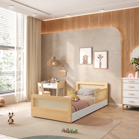 Cama Infantil Solteiro Montessoriano Lift com Rattan 1 Grade Casatema MadeiraOriginals Bege/Branco/Marrom