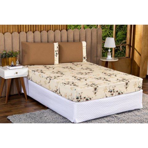 Jogo de Lençol Solteiro 2 Peças 180 Fios Algodão Estampado:floral-caqui