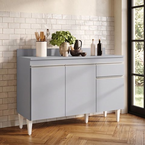 Balcão de Cozinha com Tampo 120cm 3 Portas Arizona Cinza Claro - Lumil