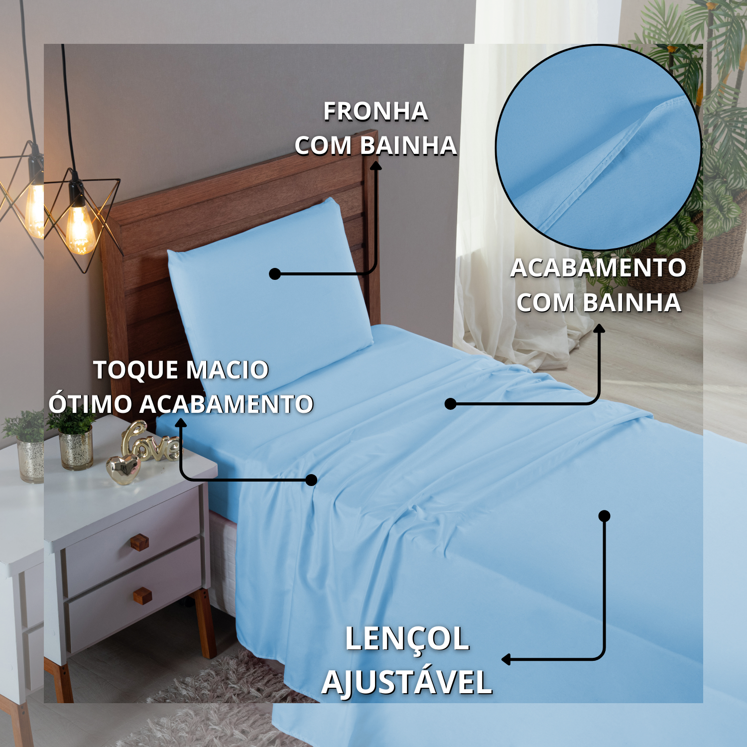 Kit Conjunto Cama Solteiro Algodão 300 Fios 3 Peças com Elástico e Fronha:azul Bebe - 5