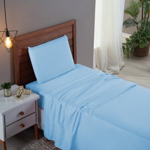 Kit Conjunto Cama Solteiro Algodão 300 Fios 3 Peças com Elástico e Fronha:azul Bebe