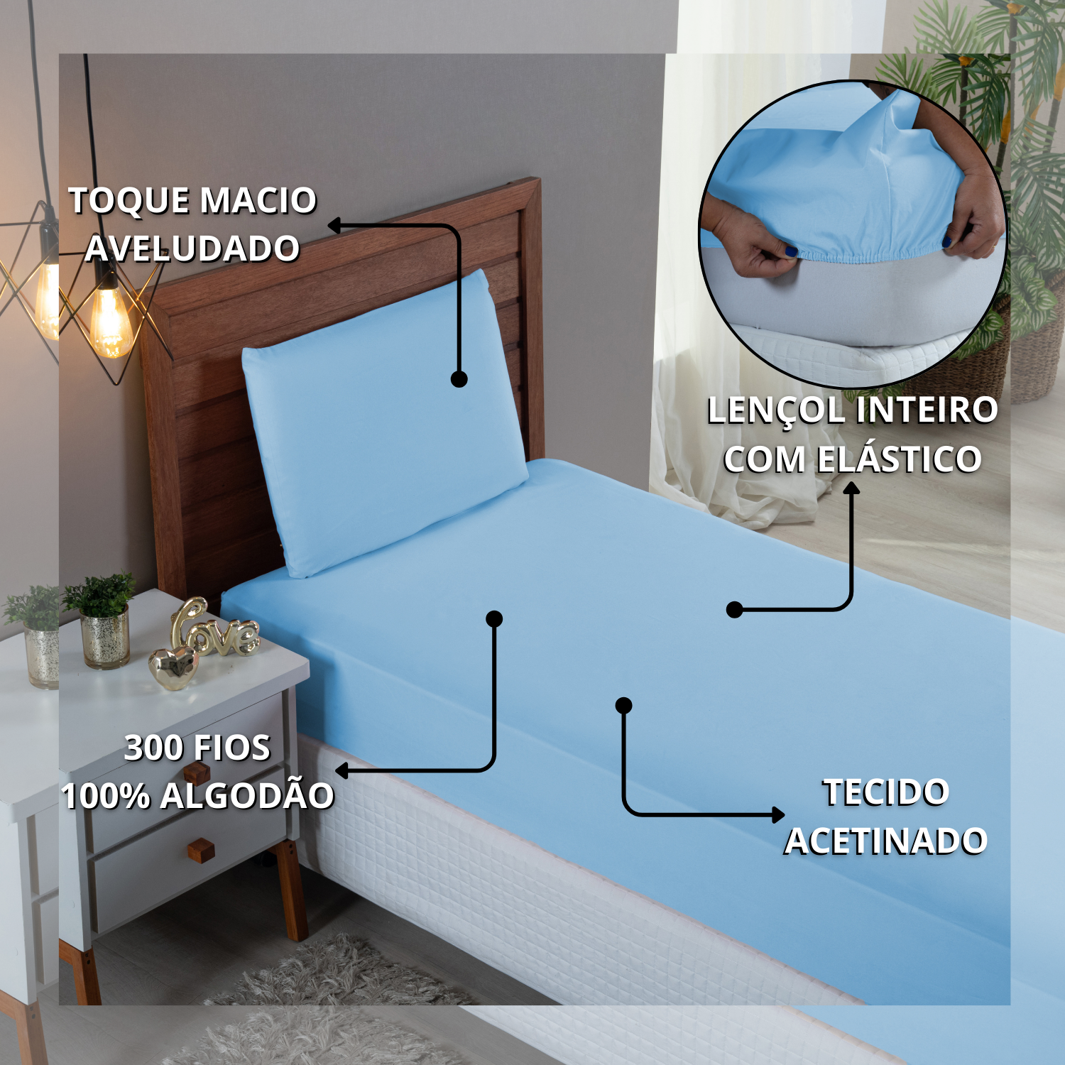 Kit Conjunto Cama Solteiro Algodão 300 Fios 3 Peças com Elástico e Fronha:azul Bebe - 6