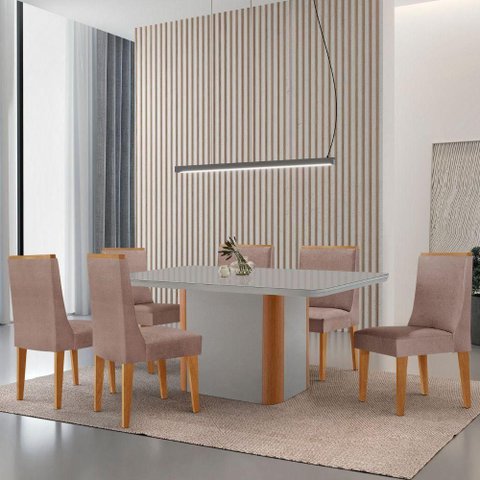 Mesa de Jantar Isadora 180cm Tampo MDF Vidro com 6 Cadeiras Linho Capuccino Off Naturale Serigrafia
