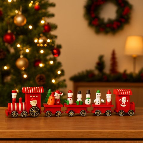 Trenzinho de Madeira Decorativo Natal Candy 40cm com Boneco de Neve e Presentes