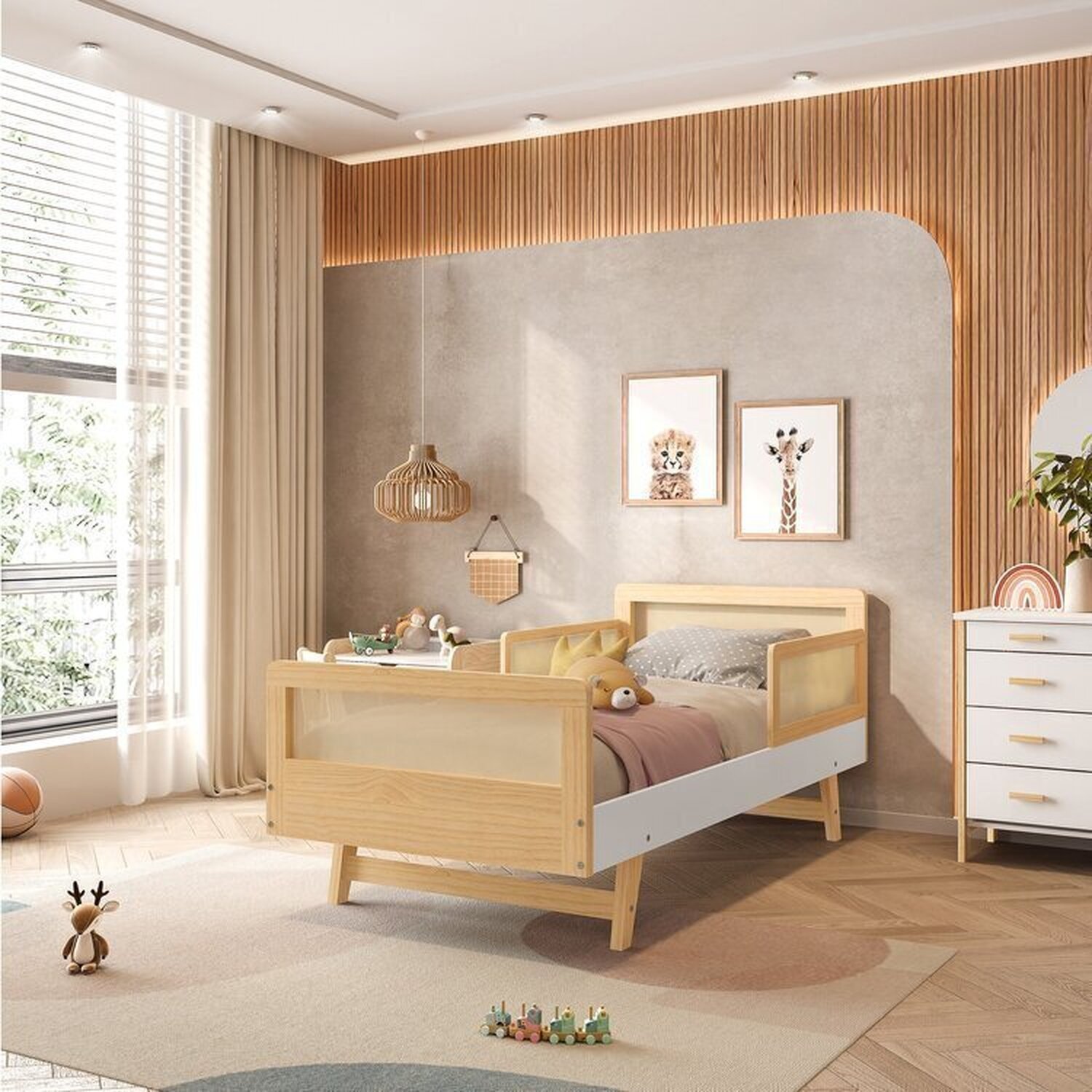 Cama Infantil Solteiro Montessoriano Lift em Madeira Maciça com Rattan 2 Grades Casatema - 5