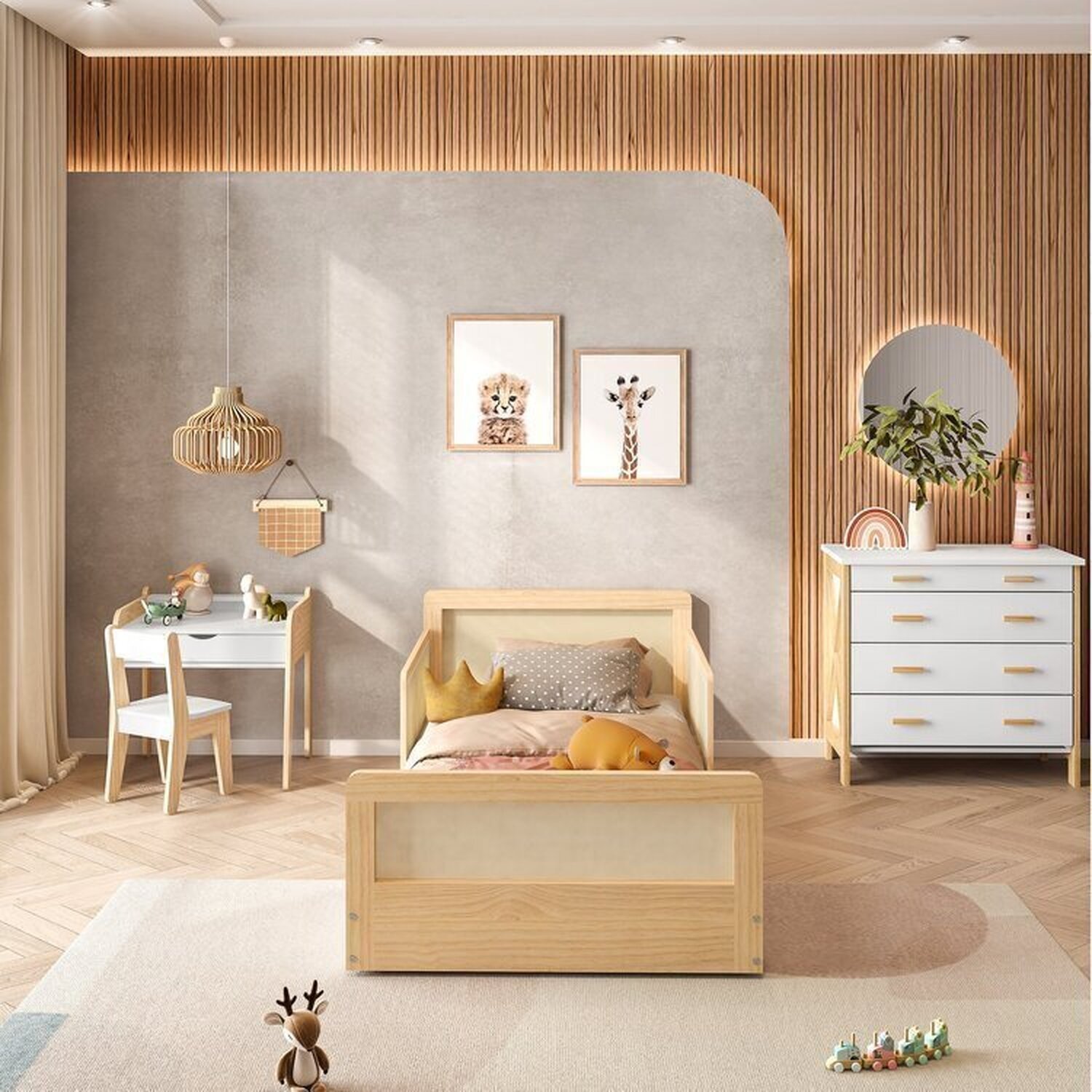 Cama Infantil Solteiro Montessoriano Lift em Madeira Maciça com Rattan 2 Grades Casatema - 3