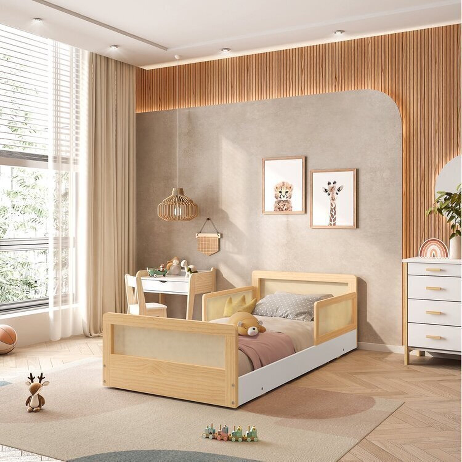 Cama Infantil Solteiro Montessoriano Lift em Madeira Maciça com Rattan 2 Grades Casatema - 2