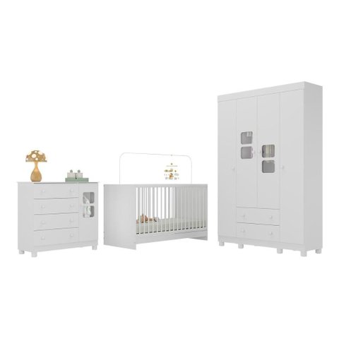 Quarto de Bebê Completo com Berço 3 em 1 para Colchão 130x60cm Sol Multimóveis Mp4518 Branco