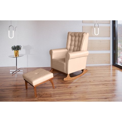 Poltrona Amamentação Aquila Luxo Balanço com Puff Suede bege com Capitonê Ideal Móveis