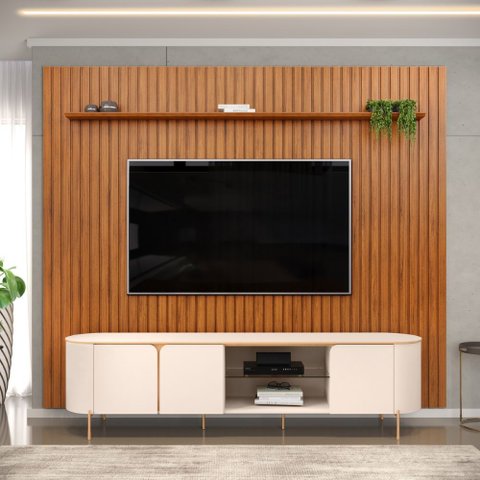 Conjunto com Bancada Ariana e Painel Ripado 275cm Trento Sala de Estar Off White Freijó DJ Móveis